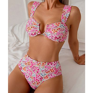 Women's 2-Piece Floral Bikini Swimsuit, Underwire Top with High Waisted Bottom Bathing Suit