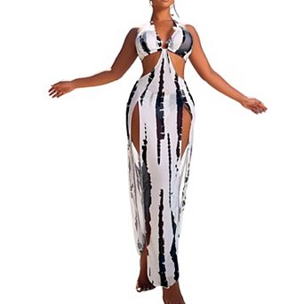 Women's 2 pc Halter Bikini with Sheer Maxi Cover Up Dress, Tie-Dye Swimwear Set