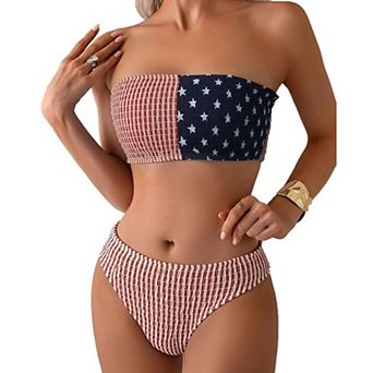 Women's Flag Print Bandeau Bikini Set, Strapless Smocked Two-Piece Swimwear for 4th of July