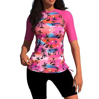 Women's Rash Guard Swim Set, UPF 50+ Short Sleeve Palm Print Top with High Waist Shorts