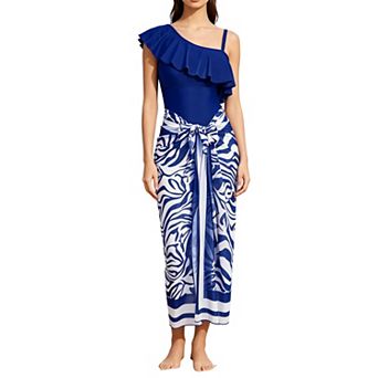 Women's Ruffled One-Shoulder Swimsuit with Printed Cover Up Skirt, 2 pc Swimwear Set