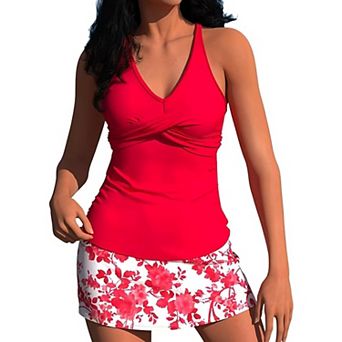 Women's Two-Piece Tankini Swimsuit with Floral Print Skirt Bottom, Tummy Control Swimwear