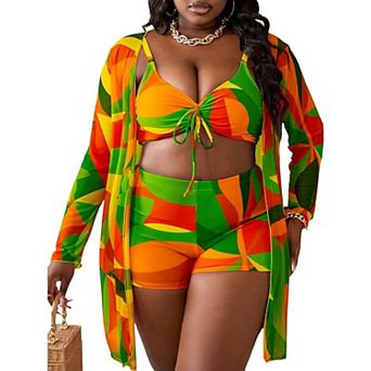 Women's Plus Size 3 pc Swimsuit Set with Tropical Print, Bikini Top, High Waist Shorts & Cover Up