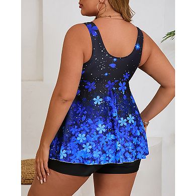 Women's Plus Size Two-Piece Swimdress, Tummy Control Floral Print Bathing Suit with Shorts