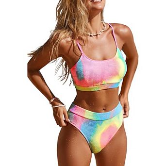 Women's Two-Piece Bikini Set, High Waisted Textured Swimsuit, Tie Dye Swimwear for Beach