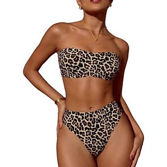Women's Leopard Print Bandeau Bikini Set, High Waisted Two-Piece Swimwear