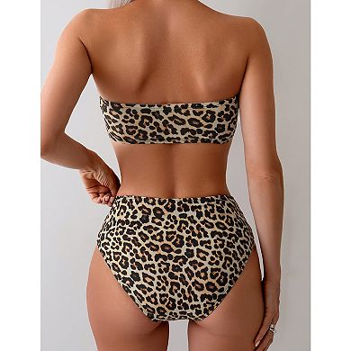 Women's Leopard Print Bandeau Bikini Set, High Waisted Two-Piece Swimwear
