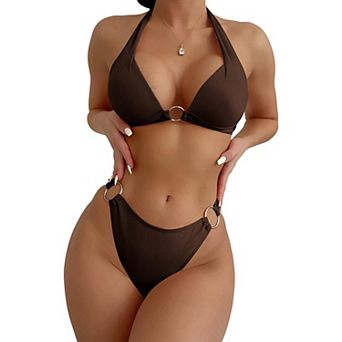 Women's Ribbed Two-Piece Bikini Set, Halter Top with O-Ring Detail High Cut Swimwear