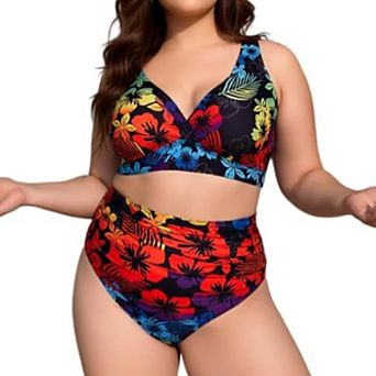 Women's Plus Size Two-Piece Swimsuit, High Waisted Tummy Control Bathing Suit, Floral Print Swimwear