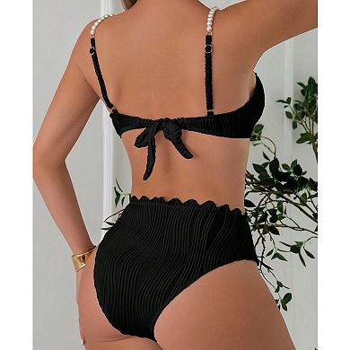 Women's Two-Piece Bikini Set, Scalloped High Waisted Bathing Suit with Pearl Straps