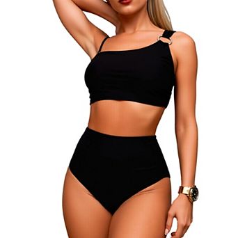 Women's One Shoulder Two Piece Bikini Set, High Waisted Tummy Control Bathing Suit