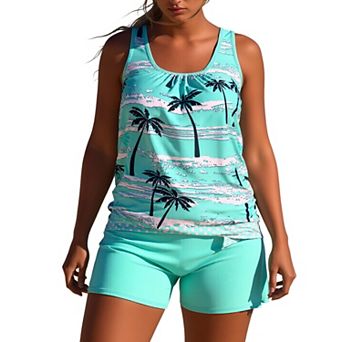 Women's Tankini Swimwear, Tropical Print Loose Fit Tank Top with Boy Shorts
