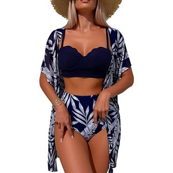 Women's 3 pc Tropical Print Bikini Set with Matching Kimono Cover Up