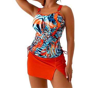 Women's 2 pc Tankini Swimsuits, Adjustable Ruched Tank Top with Skirted Bottom