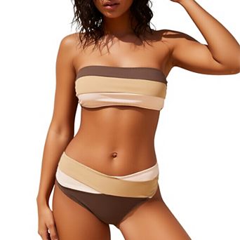 Women's Color Block Bandeau Bikini Set, Strapless Two-Piece Swimsuit