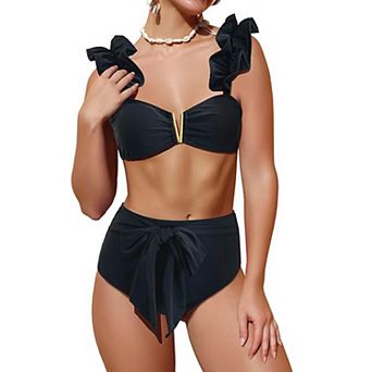 Women's Ruffle High Waisted Bikini Set, Two Piece V-Front Swimsuit with Tie Back