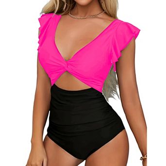 Women's Ruffle Sleeve Cutout One Piece Swimsuit, Tummy Control High Waisted Bathing Suit