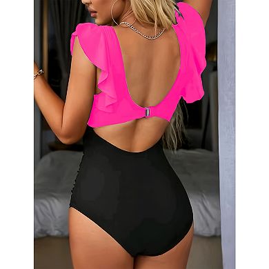 Women's Ruffle Sleeve Cutout One Piece Swimsuit, Tummy Control High Waisted Bathing Suit
