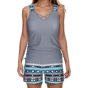 Women's 2 pc Tankini Swimsuit, Crisscross V-Neck Tank Top with Printed Boyshort