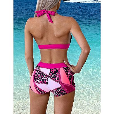 Women's Halter Two Piece Swimsuit, Leopard Print Lace-Up Bikini with Boyshort Bottom