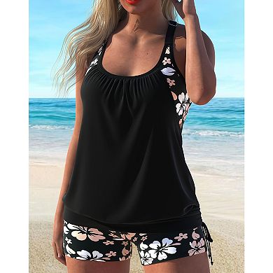 Women's 2 Piece Tankini Swimsuit, Racerback Tank Top with Floral Printed Boyshort