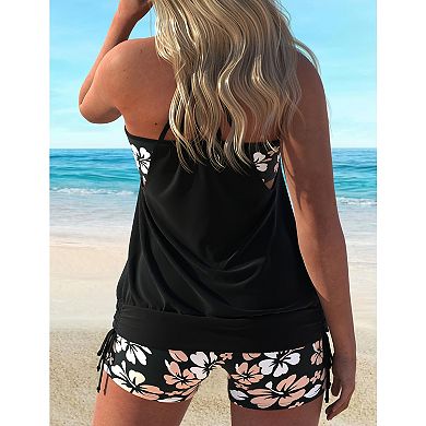 Women's 2 Piece Tankini Swimsuit, Racerback Tank Top with Floral Printed Boyshort