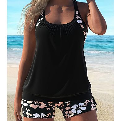 Women's 2 Piece Tankini Swimsuit, Racerback Tank Top with Floral Printed Boyshort