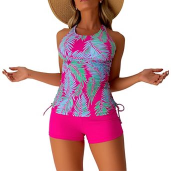 Women's 2 pc Tropical Print Tankini Swimsuit, Halter Neck Tank Top with Boyshort