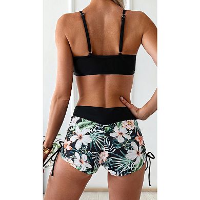 Women's High Waisted Two Piece Swimsuit, Adjustable Drawstring Bikini Top with Printed Shorts