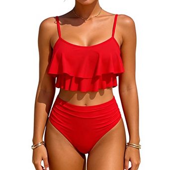 Women's Ruffle Two Piece Swimsuit, Tiered Flounce Tankini Top with High Waisted Bottom