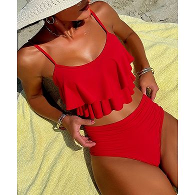 Women's Ruffle Two Piece Swimsuit, Tiered Flounce Tankini Top with High Waisted Bottom