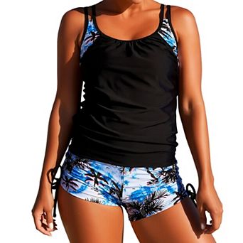 Women's Athletic Tankini Swimsuit, Double Layer Tank Top with Drawstring Shorts