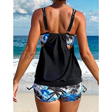 Women's Athletic Tankini Swimsuit, Double Layer Tank Top with Drawstring Shorts