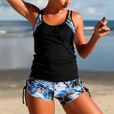 Women's Athletic Tankini Swimsuit, Double Layer Tank Top with Drawstring Shorts