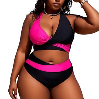 Women's Plus Size Two Piece Bikini Set, Color Block High Waisted Bathing Suit with Halter Top