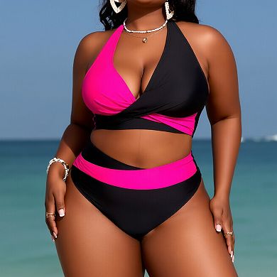 Women's Plus Size Two Piece Bikini Set, Color Block High Waisted Bathing Suit with Halter Top
