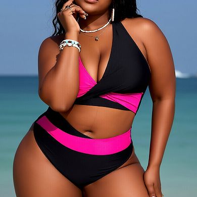 Women's Plus Size Two Piece Bikini Set, Color Block High Waisted Bathing Suit with Halter Top