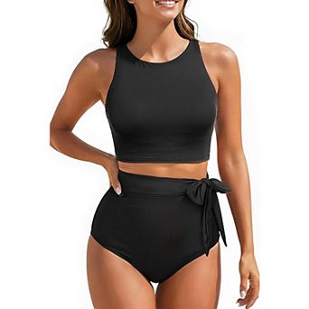 Women's High Waisted Two Piece Swimsuit, Racerback Tank Top with Side Tie Bottom