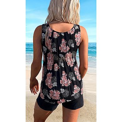 Women's Blouson Tankini Swimsuit, Two Piece Tummy Control Bathing Suit with Shorts