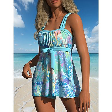 Women's Two Piece Swim Dress, Tummy Control Tankini with Bow Tie and Shorts
