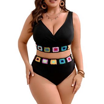 Women's Plus Size 2 pc High Waisted Bikini Set with Crochet Trim