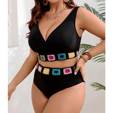 Women's Plus Size 2-Piece High Waisted Bikini Set with Crochet Trim