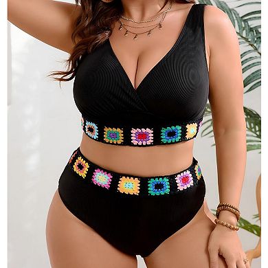Women's Plus Size 2-Piece High Waisted Bikini Set with Crochet Trim