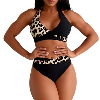 Women's Halter Two Piece Swimsuit, Leopard Print Wrap Bikini Top with High Waisted Bottom