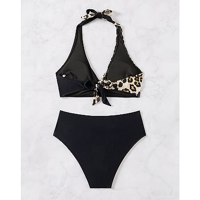Women's Halter Two Piece Swimsuit, Leopard Print Wrap Bikini Top with High Waisted Bottom