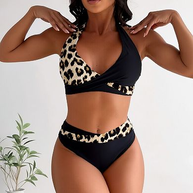 Women's Halter Two Piece Swimsuit, Leopard Print Wrap Bikini Top with High Waisted Bottom