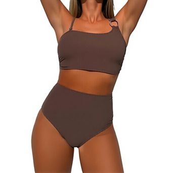 Women's Asymmetrical 2 pc Bikini with Rhinestone Ring & High Waisted Bottoms