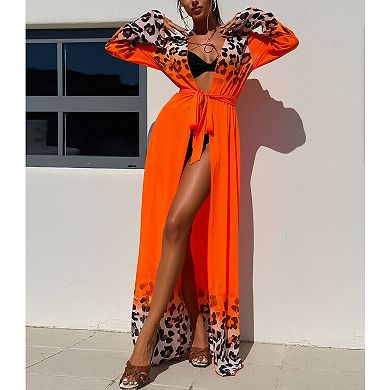 Women's 3-Piece Floral Bikini Set, Leopard Gradient Maxi Kimono Cover-Up with Waist Tie