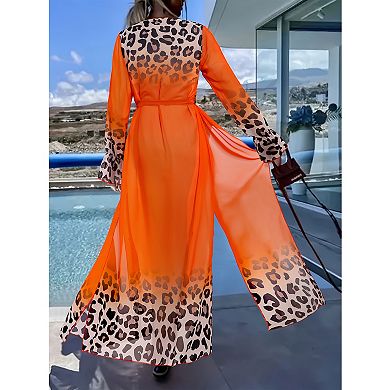 Women's 3-Piece Floral Bikini Set, Leopard Gradient Maxi Kimono Cover-Up with Waist Tie