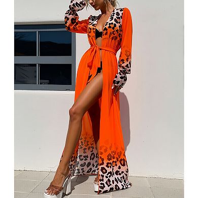 Women's 3-Piece Floral Bikini Set, Leopard Gradient Maxi Kimono Cover-Up with Waist Tie